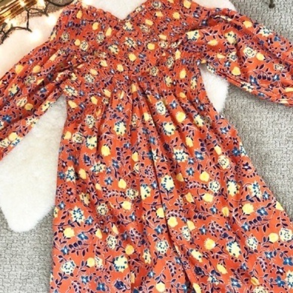 True Destiny, Smocked, Off-Shoulder Cotton Floral Dress Orange Boho,Size M - Picture 5 of 11